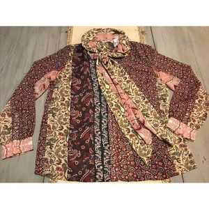 Soft Surroundings Langdon Shirt Tie Neck Multicolor Patchwork Paisley Sheer Sz L